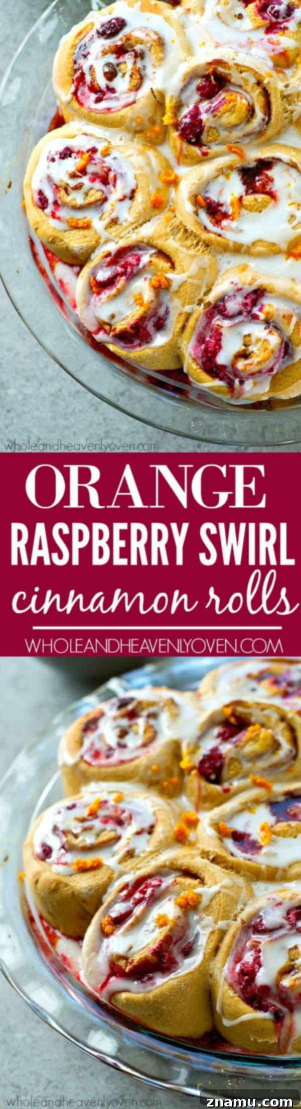 Zesty Orange Raspberry Swirl Buns 8 A tray filled with freshly baked and glazed Orange Raspberry Swirl Cinnamon Rolls.