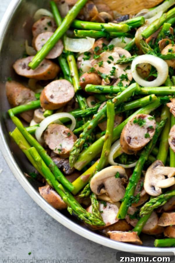 Balsamic Sausage, Asparagus and Mushroom Skillet 4 Sautéing onions, garlic, and asparagus in a nonstick skillet.