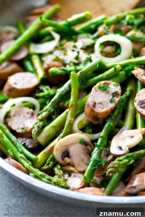 Balsamic Sausage, Asparagus and Mushroom Skillet 6 Deglazing a skillet with balsamic vinegar, creating a delicious sauce.