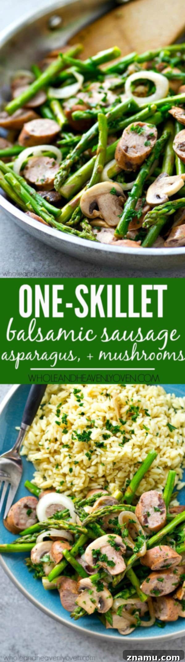 Balsamic Sausage, Asparagus and Mushroom Skillet 8 Gourmet close-up of the balsamic skillet with fresh herbs.
