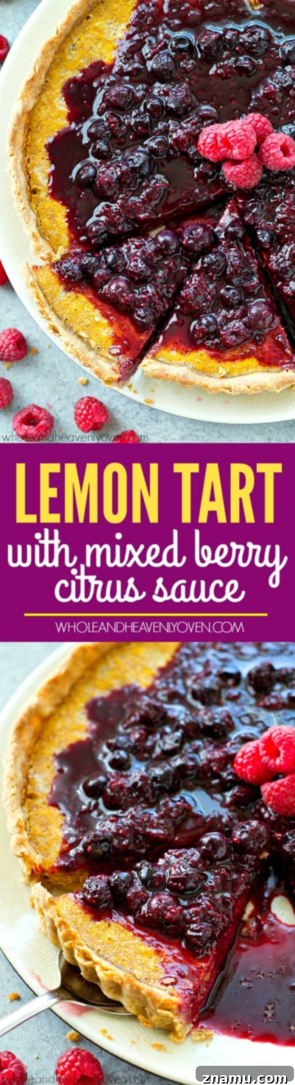 A stunning side view of a lemon tart slice, adorned with berry sauce and whipped cream.