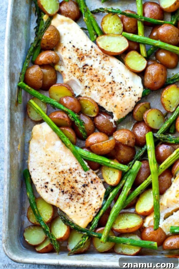 A vibrant one-pan spring dinner featuring perfectly roasted chicken, tender asparagus, and golden fingerling potatoes.