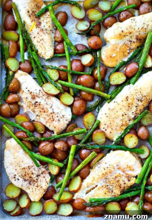 A generous portion of the roast chicken, asparagus, and fingerling potatoes, perfect for a healthy and satisfying weeknight dinner.
