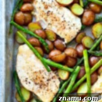 One-pan roast chicken, asparagus, and fingerling potatoes: a quick and healthy meal.