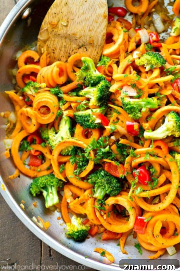 Vibrant Plant-Based Sweet Potato Noodle Stir-Fry 2 Kicked-up sweet potato noodles stir-fry style with lots of veggies! A super-easy dinner ready in 20 minutes with only 7 ingredients.