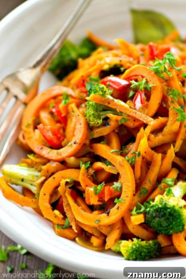 Vibrant Plant-Based Sweet Potato Noodle Stir-Fry 3 Kicked-up sweet potato noodles stir-fry style with lots of veggies! A super-easy dinner ready in 20 minutes with only 7 ingredients.