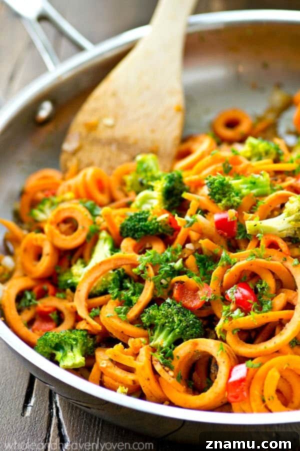 Vibrant Plant-Based Sweet Potato Noodle Stir-Fry 4 Kicked-up sweet potato noodles stir-fry style with lots of veggies! A super-easy dinner ready in 20 minutes with only 7 ingredients.