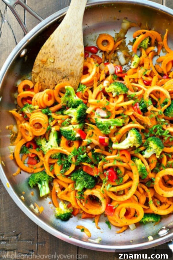 Vibrant Plant-Based Sweet Potato Noodle Stir-Fry 5 Kicked-up sweet potato noodles stir-fry style with lots of veggies! A super-easy dinner ready in 20 minutes with only 7 ingredients.