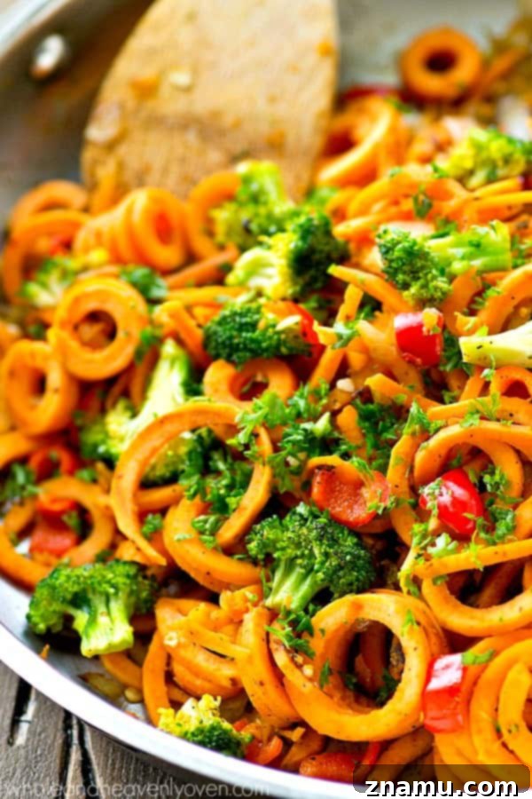 Vibrant Plant-Based Sweet Potato Noodle Stir-Fry 6 Kicked-up sweet potato noodles stir-fry style with lots of veggies! A super-easy dinner ready in 20 minutes with only 7 ingredients.