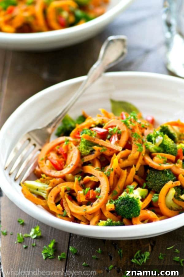 Vibrant Plant-Based Sweet Potato Noodle Stir-Fry 7 Kicked-up sweet potato noodles stir-fry style with lots of veggies! A super-easy dinner ready in 20 minutes with only 7 ingredients.