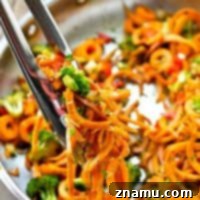 Vibrant Plant-Based Sweet Potato Noodle Stir-Fry 9 Kicked-up sweet potato noodles stir-fry style with lots of veggies! A super-easy dinner ready in 20 minutes with only 7 ingredients.