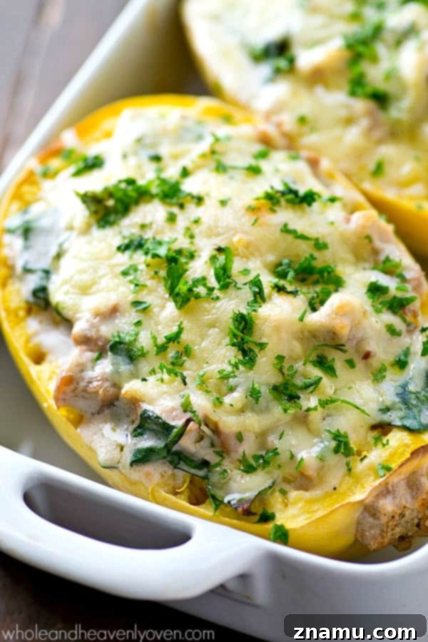 Enjoy chicken alfredo lightened-up in these cheesy spinach-loaded spaghetti squash boats!