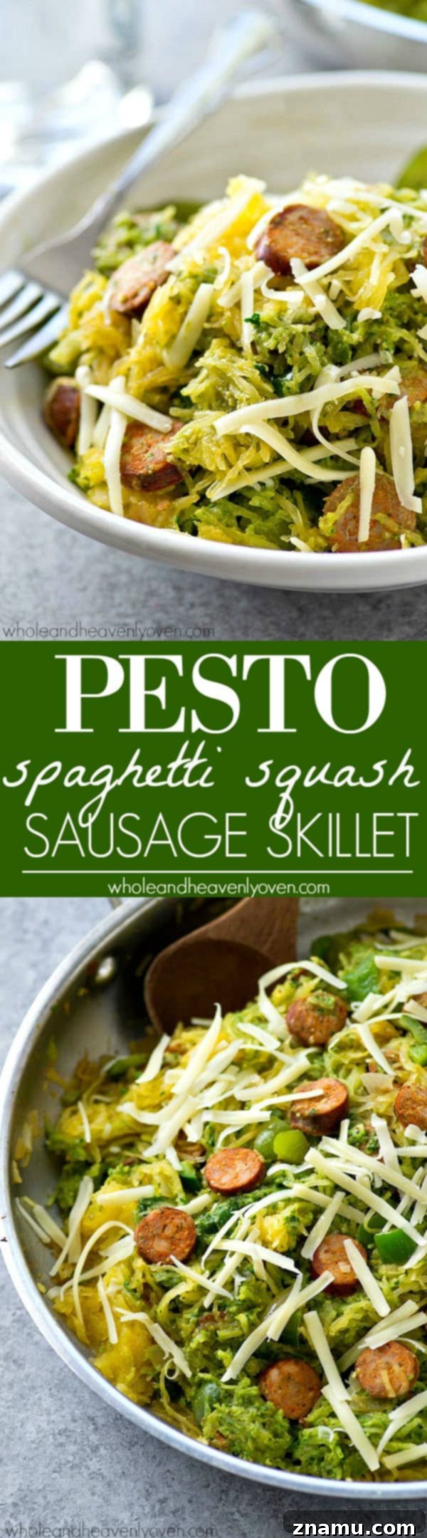 One-Pan Pesto Sausage Spaghetti Squash 8 Spaghetti squash loaded with flavorful pesto and lots of sliced sausage! An easy and healthy skillet dinner with only 7 ingredients!