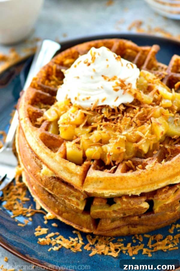 Tropical Overnight Waffle Bliss 7 Overnight yeast waffles generously topped with warm pina colada sauce, whipped cream, and toasted coconut.