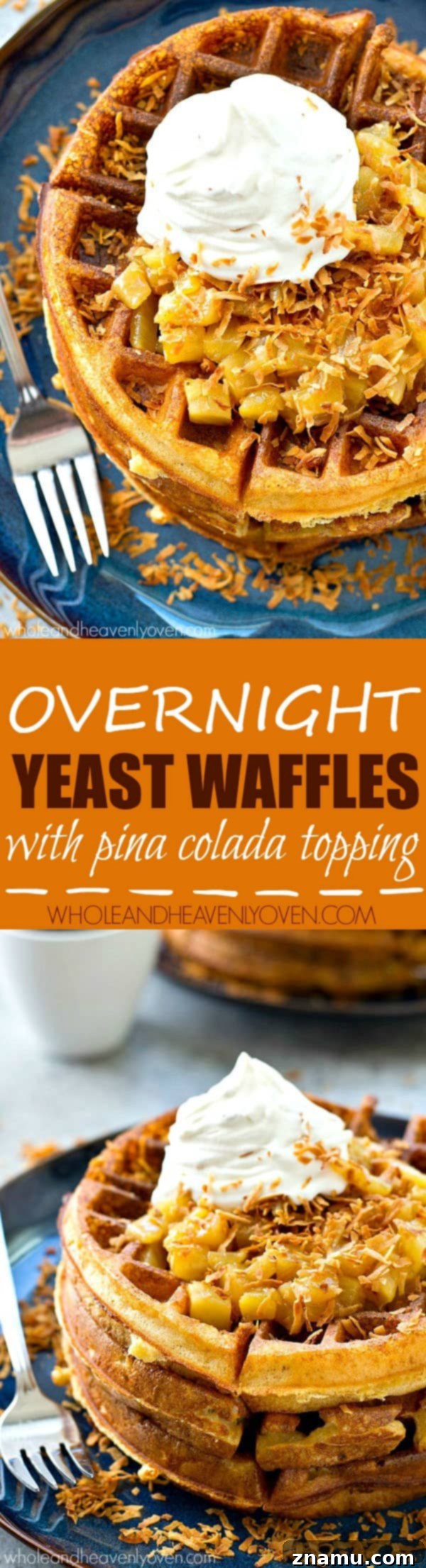 Tropical Overnight Waffle Bliss 8 A full spread of pina colada yeast waffles with topping, whipped cream, and fresh pineapple garnishes.