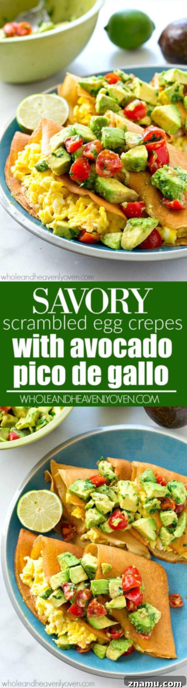Gourmet Savory Crepes: Scrambled Eggs & Zesty Avocado Pico 8 Stylized stack of all ingredients for savory crepes and pico de gallo, arranged artfully with a finished crepe on the side.