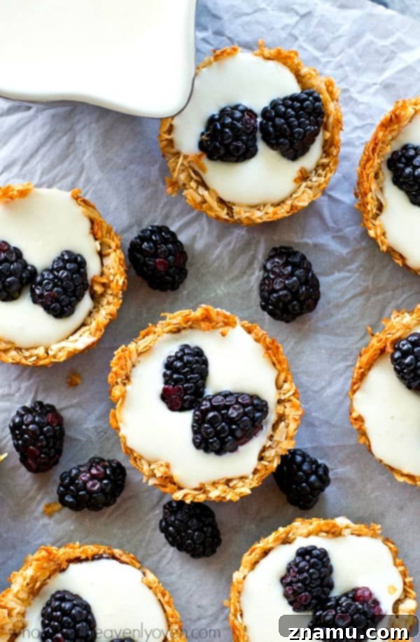 Macaroon Crowned Blackberry Cheesecake Tartlets 3 An overhead shot showcasing several mini no-bake cheesecake tartlets arranged neatly on a serving platter. Each tartlet features a rich coconut crust, a light cheesecake center, and is generously topped with glistening blackberries, ready for guests.