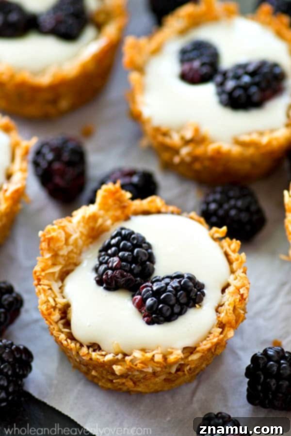 Macaroon Crowned Blackberry Cheesecake Tartlets 5 Several mini no-bake cheesecake tartlets are showcased on a wooden board, with one tartlet positioned prominently in the foreground. The intricate texture of the coconut crust is highlighted, contrasting with the smooth filling and fresh blackberry topping.