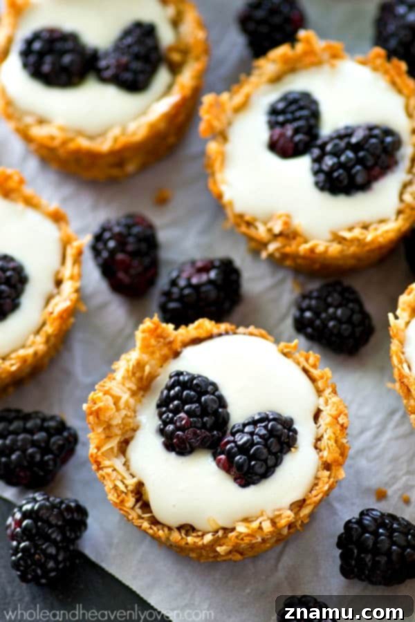 Macaroon Crowned Blackberry Cheesecake Tartlets 6 A close-up of a single no-bake mini cheesecake tartlet held in hand, showing the delicate details of the coconut crust, the creamy cheesecake filling, and the glistening fresh blackberries on top. The background is softly blurred, keeping focus on the dessert.