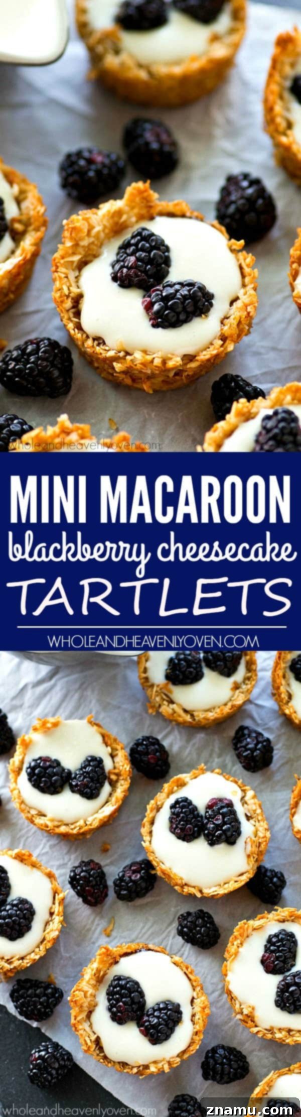 Macaroon Crowned Blackberry Cheesecake Tartlets 9 A wide shot of a mini no-bake cheesecake tartlet on a plate, providing context for its size and presentation. The vibrant berries and golden crust are prominent, inviting viewers to imagine the delicious taste.