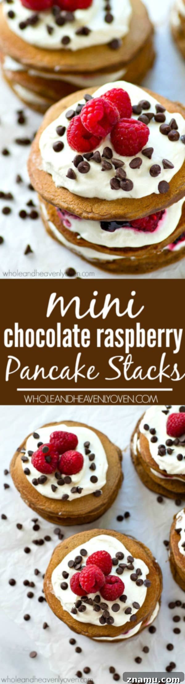 Decadent Mini Chocolate Raspberry Pancake Stacks 8 Fresh raspberries, whipped cream, and mini chocolate chips stuffed between 3 layers of ultra-fluffy mini chocolate pancakes! These pancake stacks are a brunch must-have.
