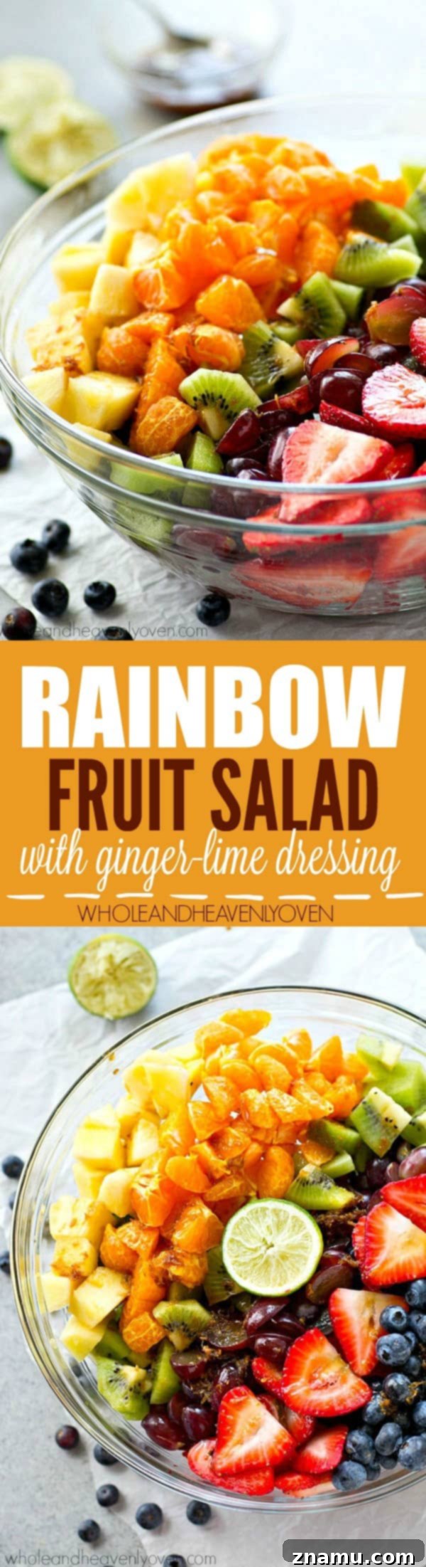 Vibrant Fruit Medley with Zesty Ginger-Lime Drizzle 8 A large serving bowl filled with rainbow fruit salad, featuring a vivid assortment of fruits and a hint of the ginger-lime dressing.
