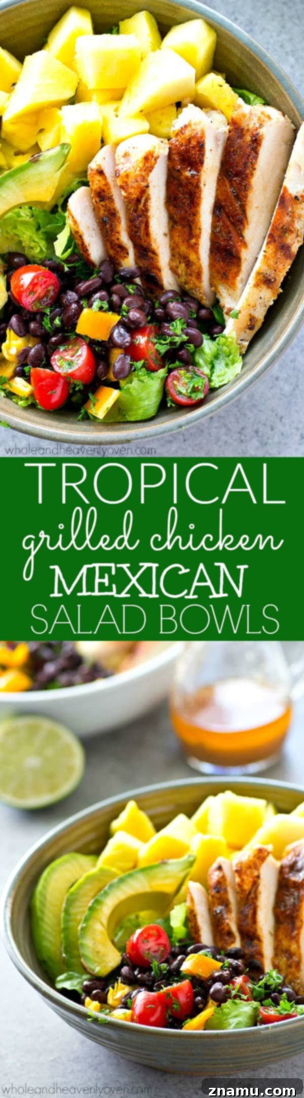 Vibrant Tropical Grilled Chicken Mexican Salad Bowls 8 A beautiful vertical composition of a fully assembled Tropical Grilled Chicken Mexican Salad Bowl, emphasizing the layered ingredients and abundance.