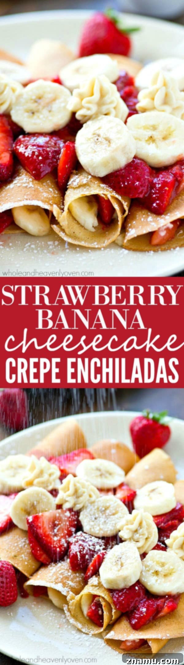 A close-up of delicious Strawberry Banana Cheesecake Crepes overflowing with fresh fruit and creamy filling, a delightful brunch treat for everyone.