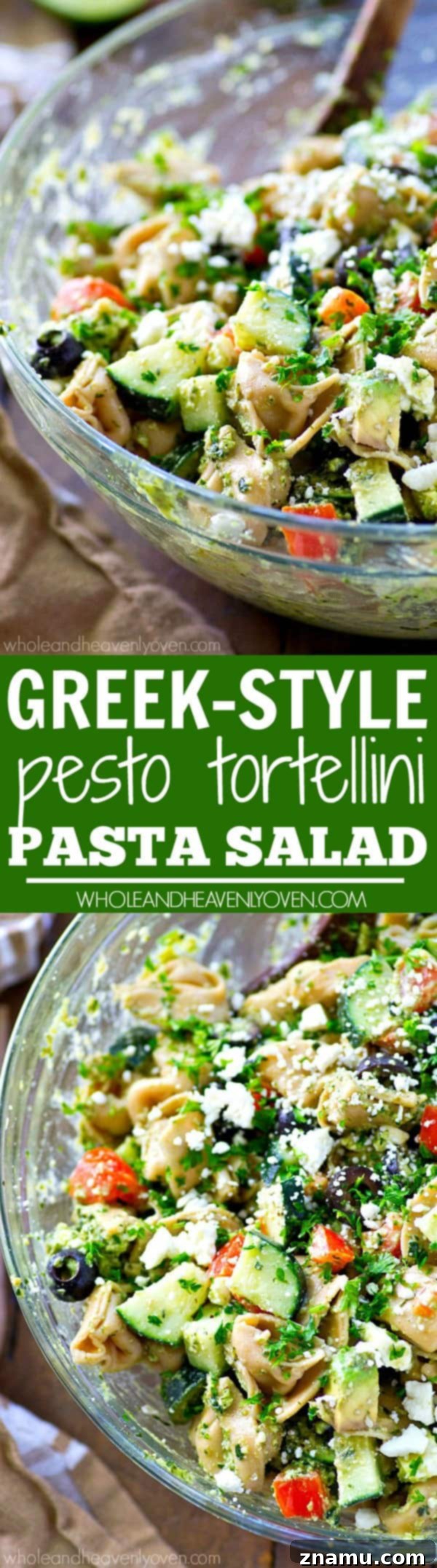 Zesty Greek Pesto Tortellini Salad 8 Your new favorite summer salad! This easy tortellini pasta salad is piled high with Greek-style goodness and tossed in an amazing pesto dressing.