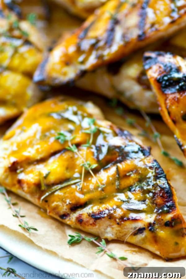 Sweet & Tangy Honey Mustard Grilled Chicken Cutlets 3 Perfectly grilled honey mustard chicken cutlets with appealing char marks.