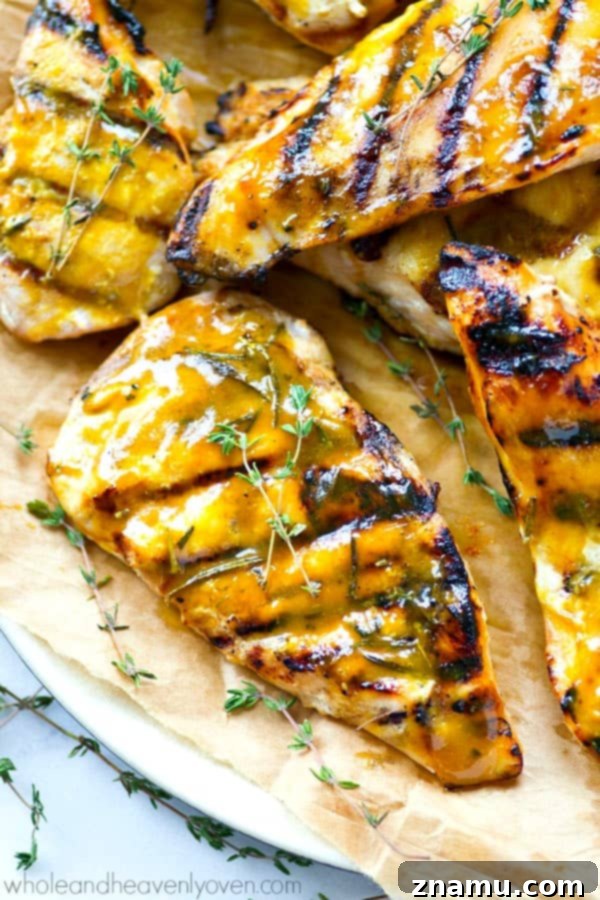 Sweet & Tangy Honey Mustard Grilled Chicken Cutlets 4 Close-up of grilled honey mustard chicken, showcasing the glaze and texture.