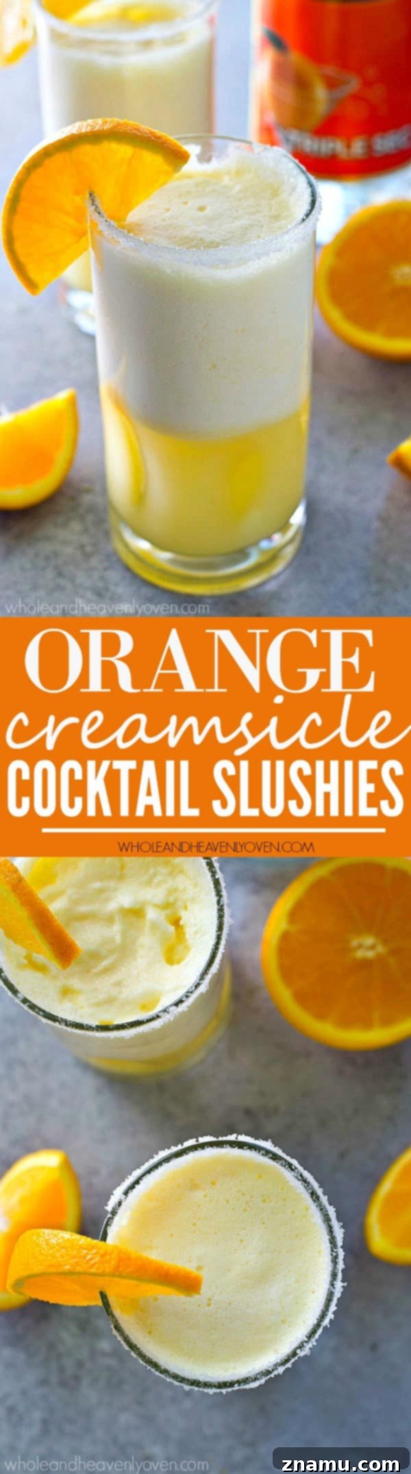 A refreshing orange creamsicle cocktail slushie, the perfect blend of creamy, citrus, and frosty.