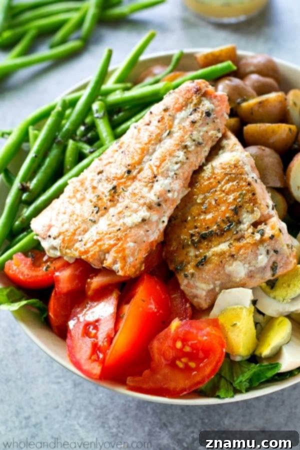 Close-up of Seared Salmon Nicoise Salad, showcasing the rich colors and textures