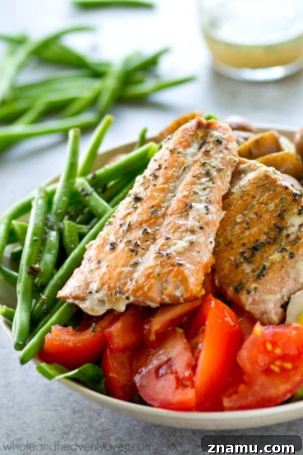 Ingredients for Seared Salmon Nicoise Salad arranged beautifully
