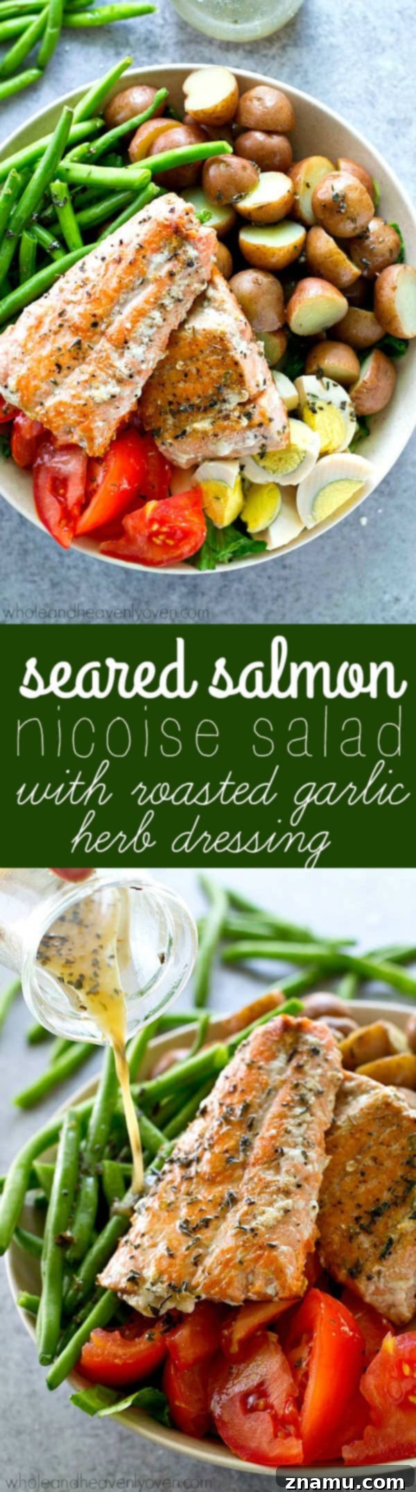 Overview of the delectable Seared Salmon Nicoise Salad, ready to be enjoyed