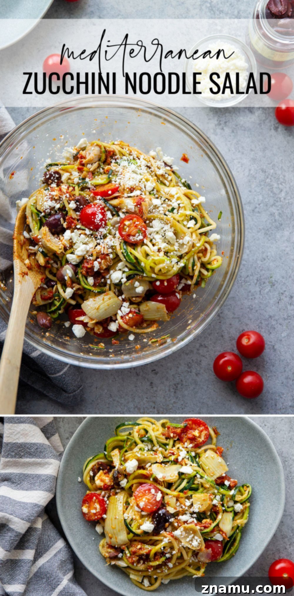 Sun-Drenched Mediterranean Zoodle Salad 7 Loaded with tons of fresh, healthy Mediterranean goodness and a flavorful sun-dried tomato dressing, this Mediterranean zucchini noodle salad will quickly become a favorite!