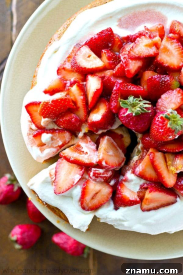 One-Pan Strawberry Shortcake 6 Detailed shot of the homemade strawberry shortcake, emphasizing the fresh, vibrant strawberries and elegant presentation