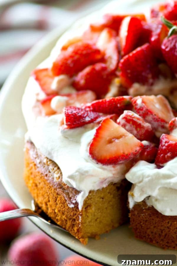 One-Pan Strawberry Shortcake 7 Overhead view of the stunning single-layer strawberry shortcake, beautifully garnished and ready to be sliced and served
