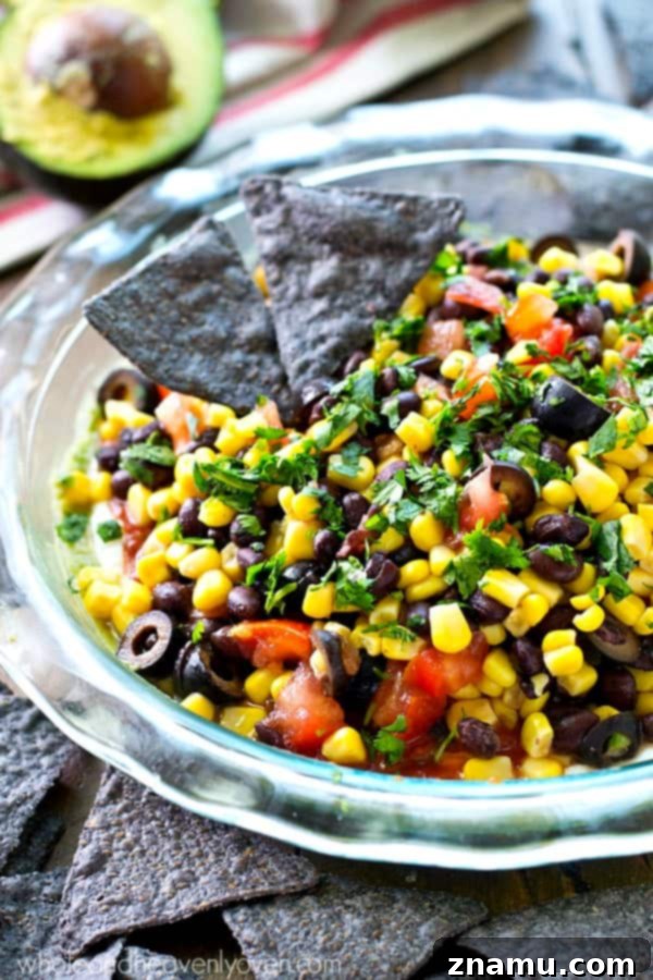 Southwest Guac Fiesta 2 This colorful Southwestern-style taco dip will be the biggest hit of your party.---So many layers of homemade guacamole and all your favorite taco toppings!