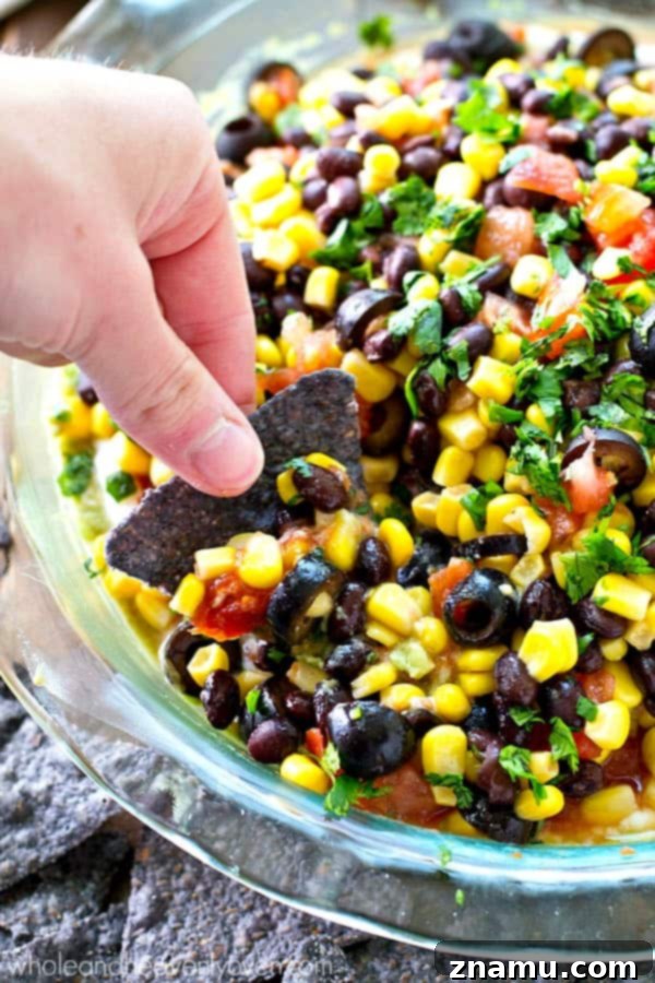 Southwest Guac Fiesta 7 This colorful Southwestern-style taco dip will will be the biggest hit of your party.---So many layers of homemade guacamole and all your favorite taco toppings!