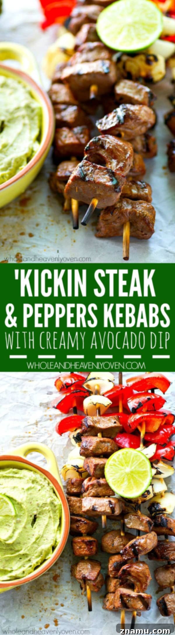 An appetizing spread of grilled steak and pepper kebabs, fresh limes, and avocado dip on a table, ready for a summer feast.
