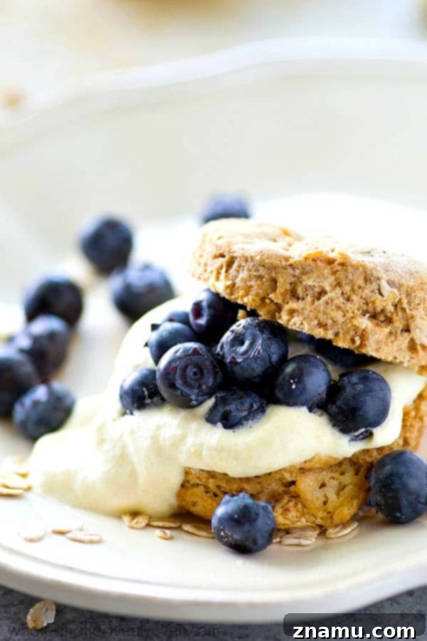 Berry Bliss Oat Shortcakes with Lemony Cloud Cream 2 Tender and buttery oat-packed biscuits are filled with tons of zingy lemon whipped cream and piled high with beautiful fresh blueberries for a simple, yet stunning summer dessert.