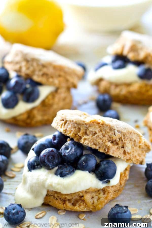 Berry Bliss Oat Shortcakes with Lemony Cloud Cream 5 Tender and buttery oat-packed biscuits are filled with tons of zingy lemon whipped cream and piled high with beautiful fresh blueberries for a simple, yet stunning summer dessert.