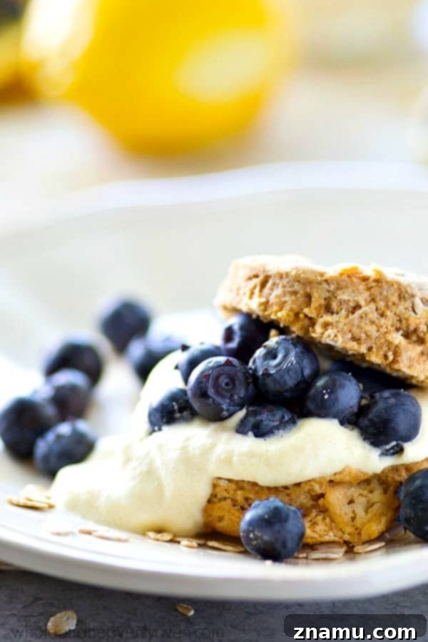 Berry Bliss Oat Shortcakes with Lemony Cloud Cream 6 Tender and buttery oat-packed biscuits are filled with tons of zingy lemon whipped cream and piled high with beautiful fresh blueberries for a simple, yet stunning summer dessert.