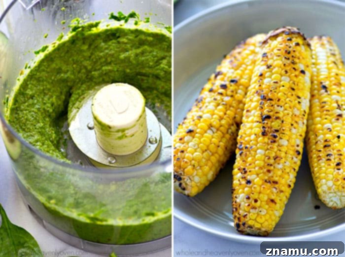 Creamy Avocado Pesto Spaghetti with Smoky Grilled Corn 6 Detailed shot of the creamy avocado pesto sauce, rich and green.