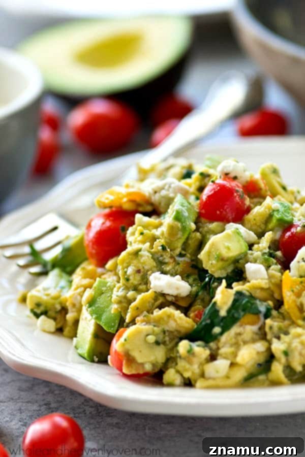 Creamy Avocado Pesto Spaghetti with Smoky Grilled Corn 10 Scrambled eggs get a BIG boost in the flavor department with a rainbow of garden veggies and lots of flavorful pesto!