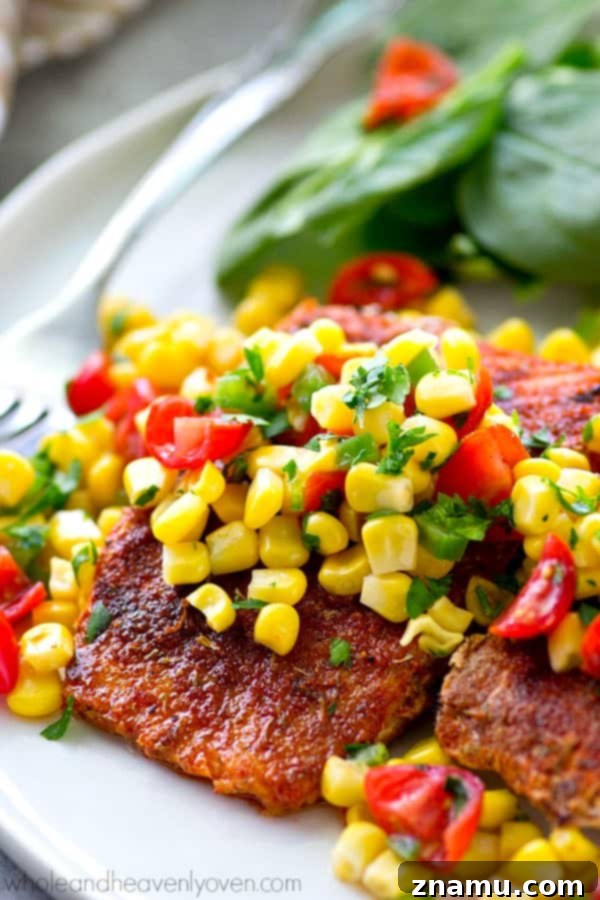 Smoky Blackened Salmon with Summer Corn Salsa 3 Tender grilled salmon with a smoky rub on the outside is a match made in heaven for a sweet corn pico de gallo piled on top. --- This easy 30-minute dinner packs in a HUGE kick of flavors you'll love!