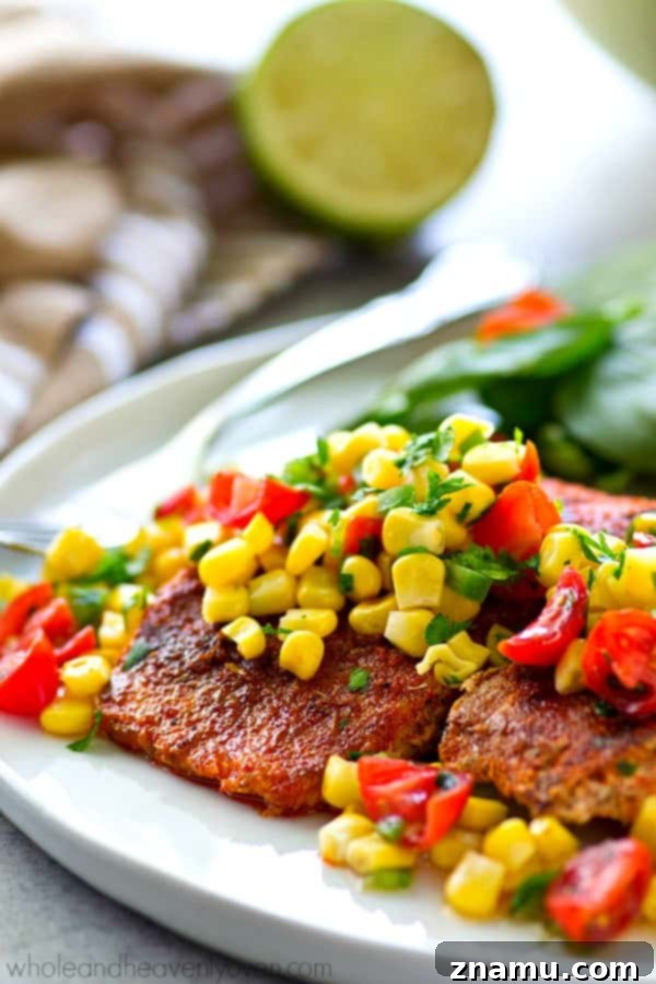 Smoky Blackened Salmon with Summer Corn Salsa 4 Tender grilled salmon with a smoky rub on the outside is a match made in heaven for a sweet corn pico de gallo piled on top. --- This easy 30-minute dinner packs in a HUGE kick of flavors you'll love!