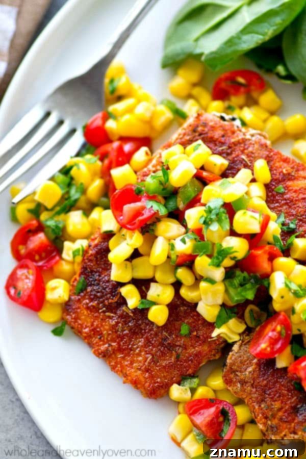 Smoky Blackened Salmon with Summer Corn Salsa 5 Tender grilled salmon with a smoky rub on the outside is a match made in heaven for a sweet corn pico de gallo piled on top. --- This easy 30-minute dinner packs in a HUGE kick of flavors you'll love!