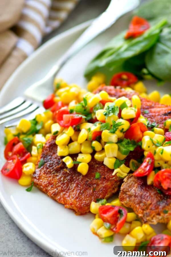 Smoky Blackened Salmon with Summer Corn Salsa 6 Tender grilled salmon with a smoky rub on the outside is a match made in heaven for a sweet corn pico de gallo piled on top. --- This easy 30-minute dinner packs in a HUGE kick of flavors you'll love!